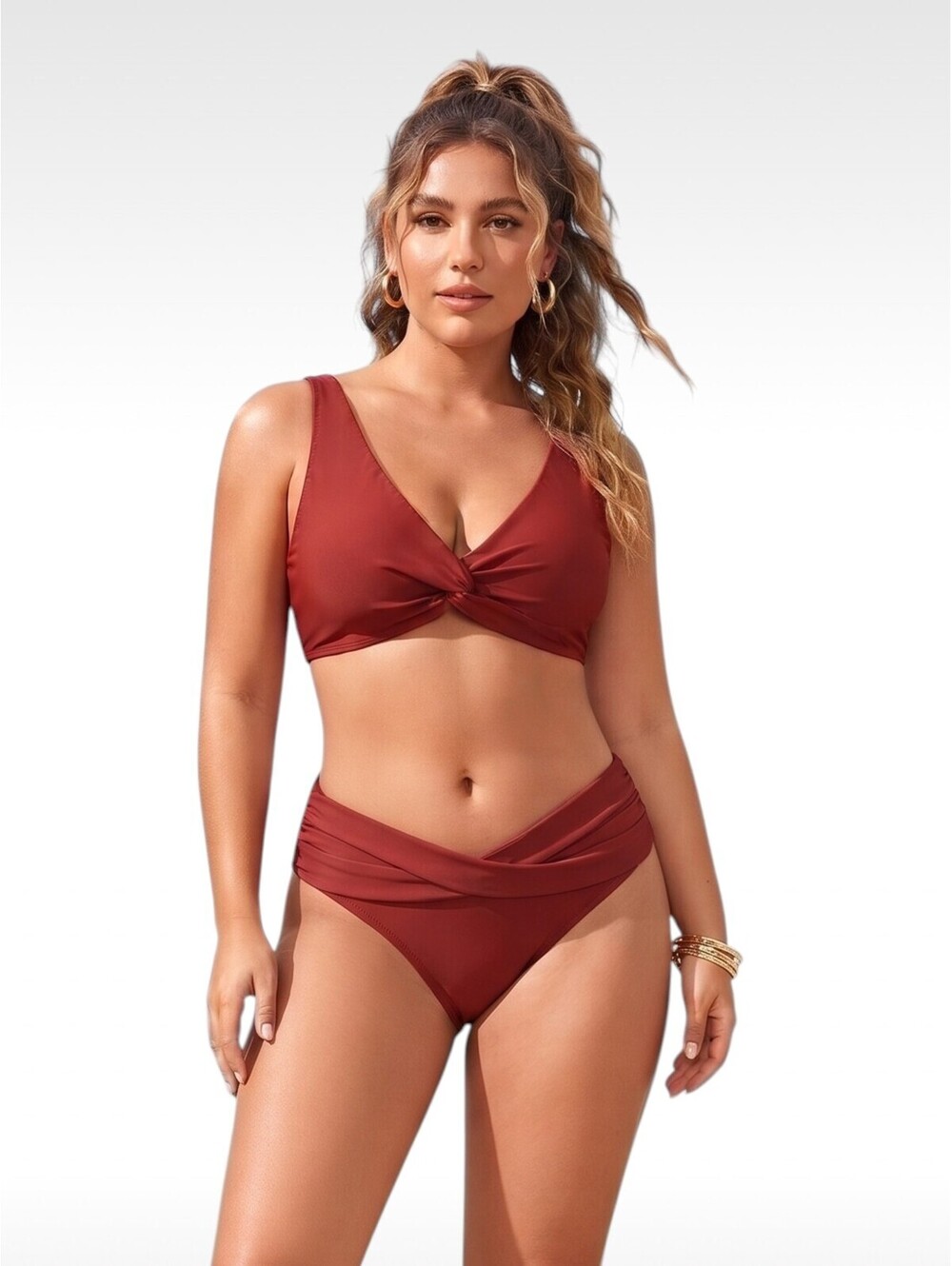 NWT Yonique Knot-Front High-Waisted Bikini Swimsuit - Rust Red - Size M